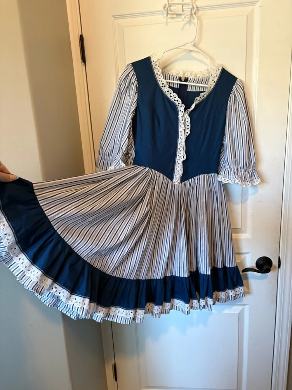 Vintage Blue & White Striped Puff Sleeve Mini Dress - Picture 13 of 13